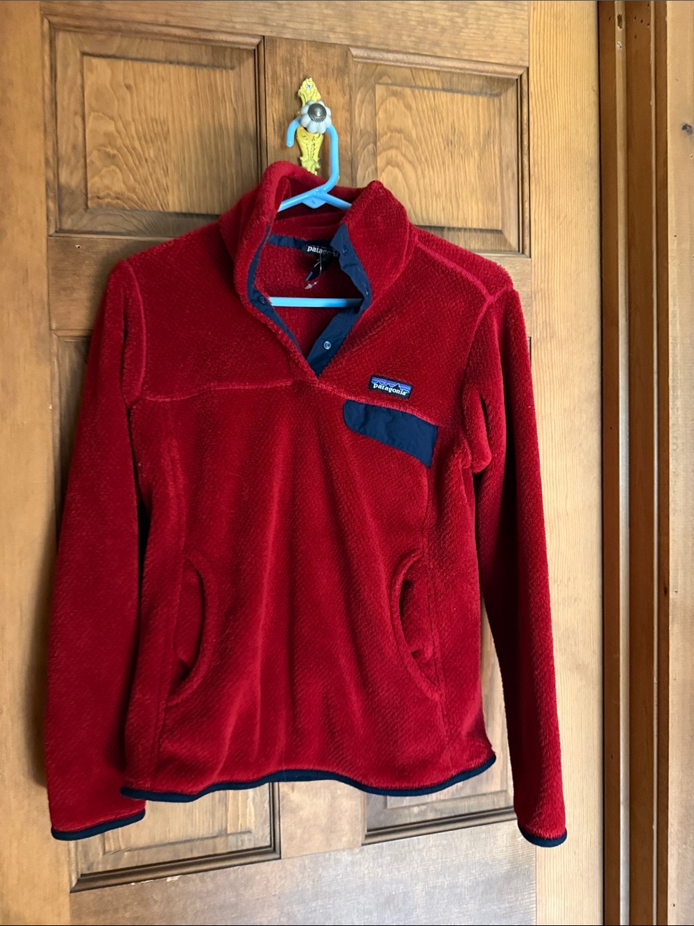 Patagonia women’s Red Fleece Snap-Front Pullover with Navy Trim